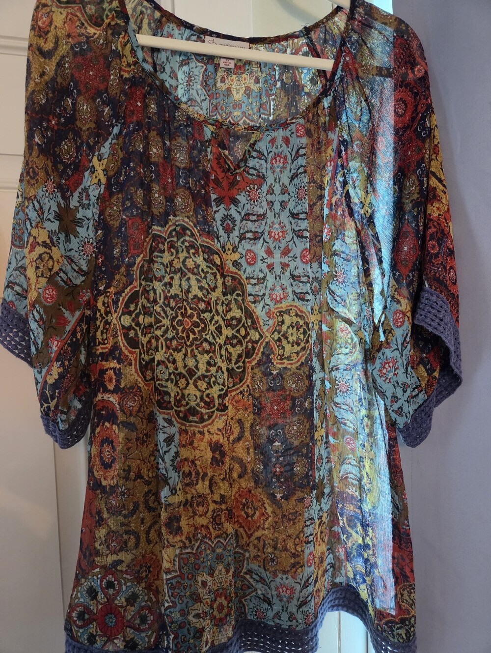 Boho Patchwork Scoop-Neck Tunic Top in Multicolor - Picture 7 of 7